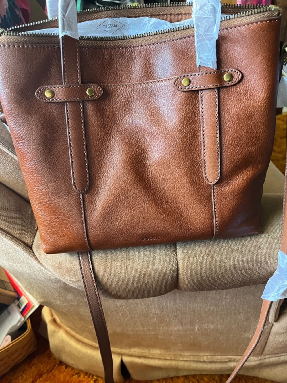 Fossil Brown Leather Messenger Tote Bag